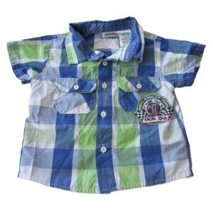 Little Rebels Button Up Shirt Boys 12M‎ Blue Green Check Short Sleeve Grand Prix